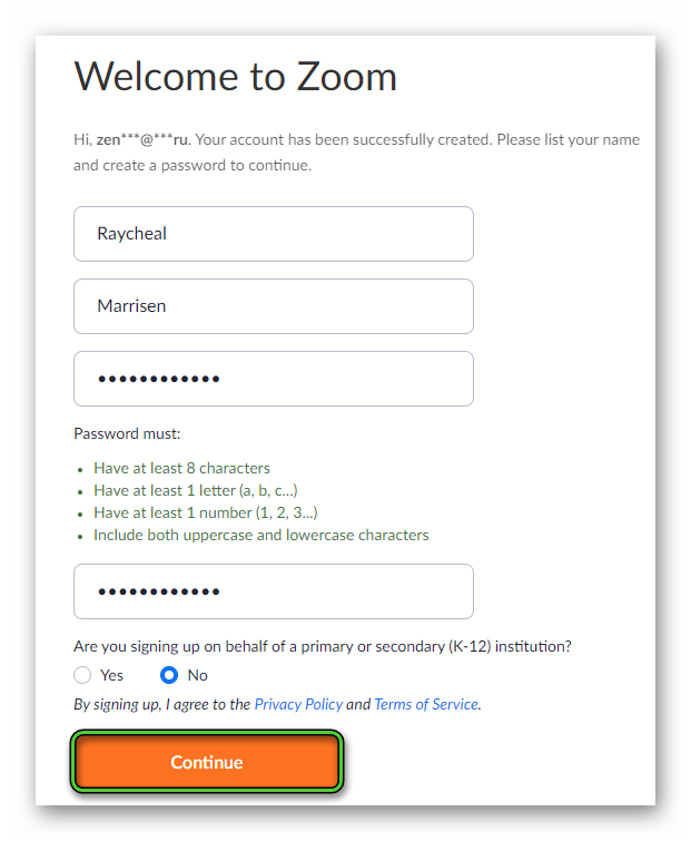 Continue button on the Welcome to Zoom page