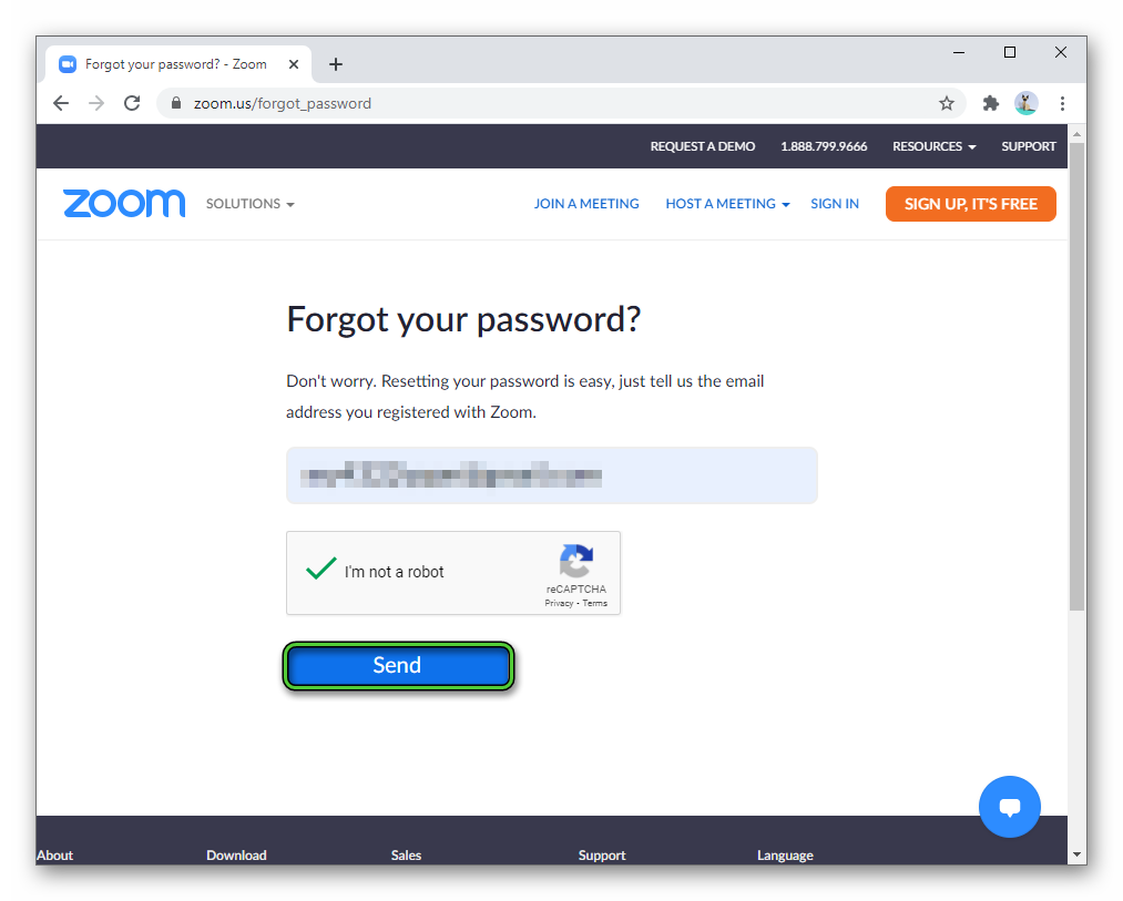 Send button on Forgot your password page