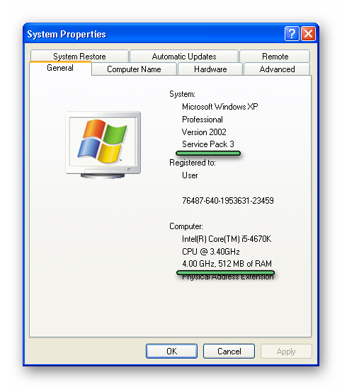 System Properties window in Windows XP