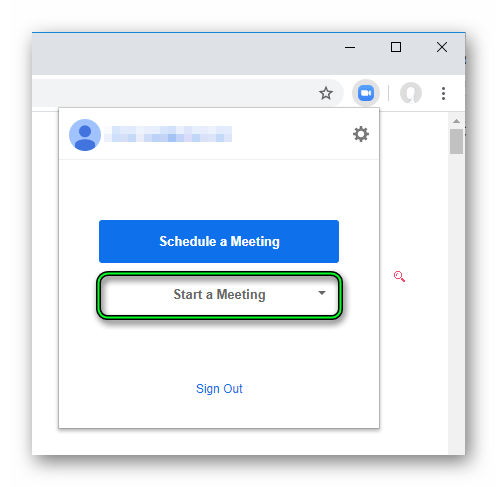 Кнопка Start a Meeting в расширении Zoom Scheduler для Google Chrome