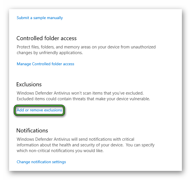 Add or remove exclusions item in Windows Settings