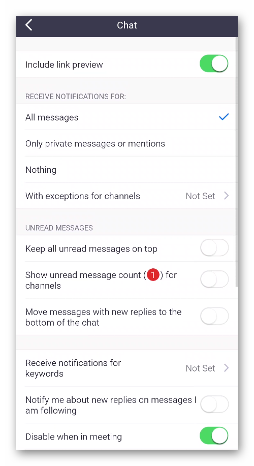 Chat settings in mobile app