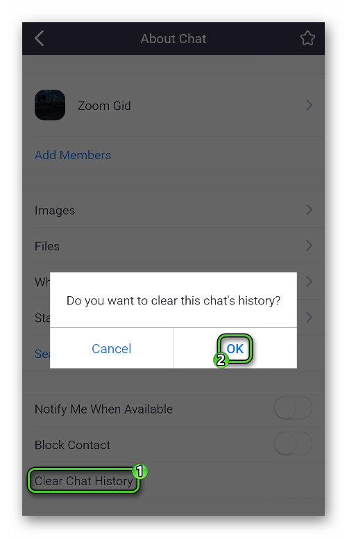 Clear Chat History option on smartphone