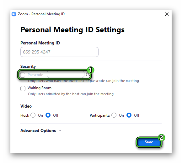 Deactivating meeting passcode on PC