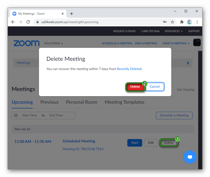 Delete scheduled meeting in browser