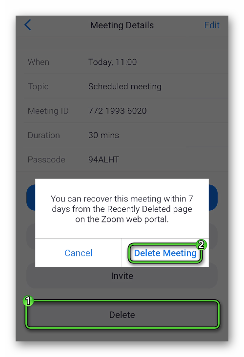 Delete scheduled meeting in mobile app