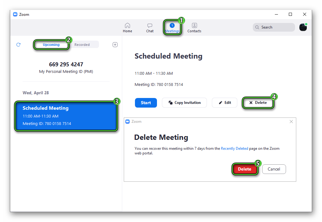 Delete scheduled meeting on PC