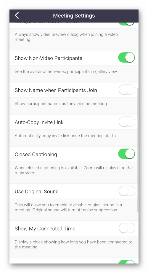 Meeting settings in mobile app