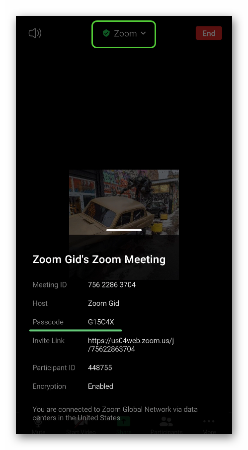 Passcode info in Zoom Meeting on smartphone