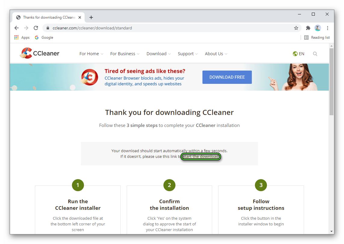 Start the download button for CCleaner