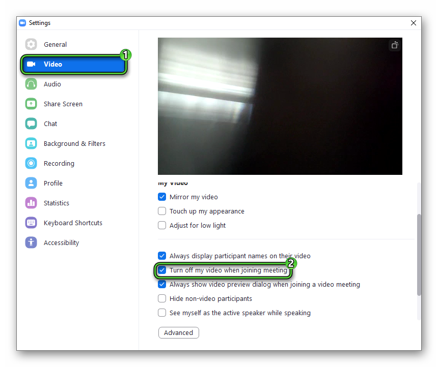 Turn off my video when option in Zoom PC Settings