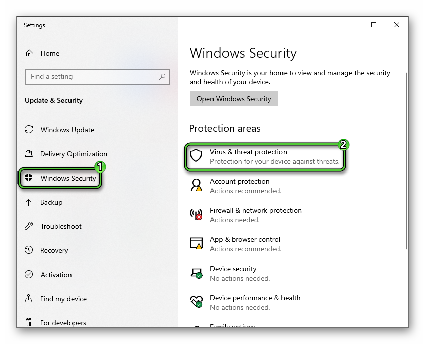 Virus & threat protection item in Windows Settings