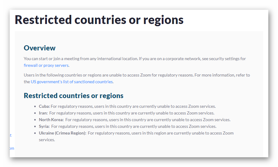 Zoom restricted countries or regions
